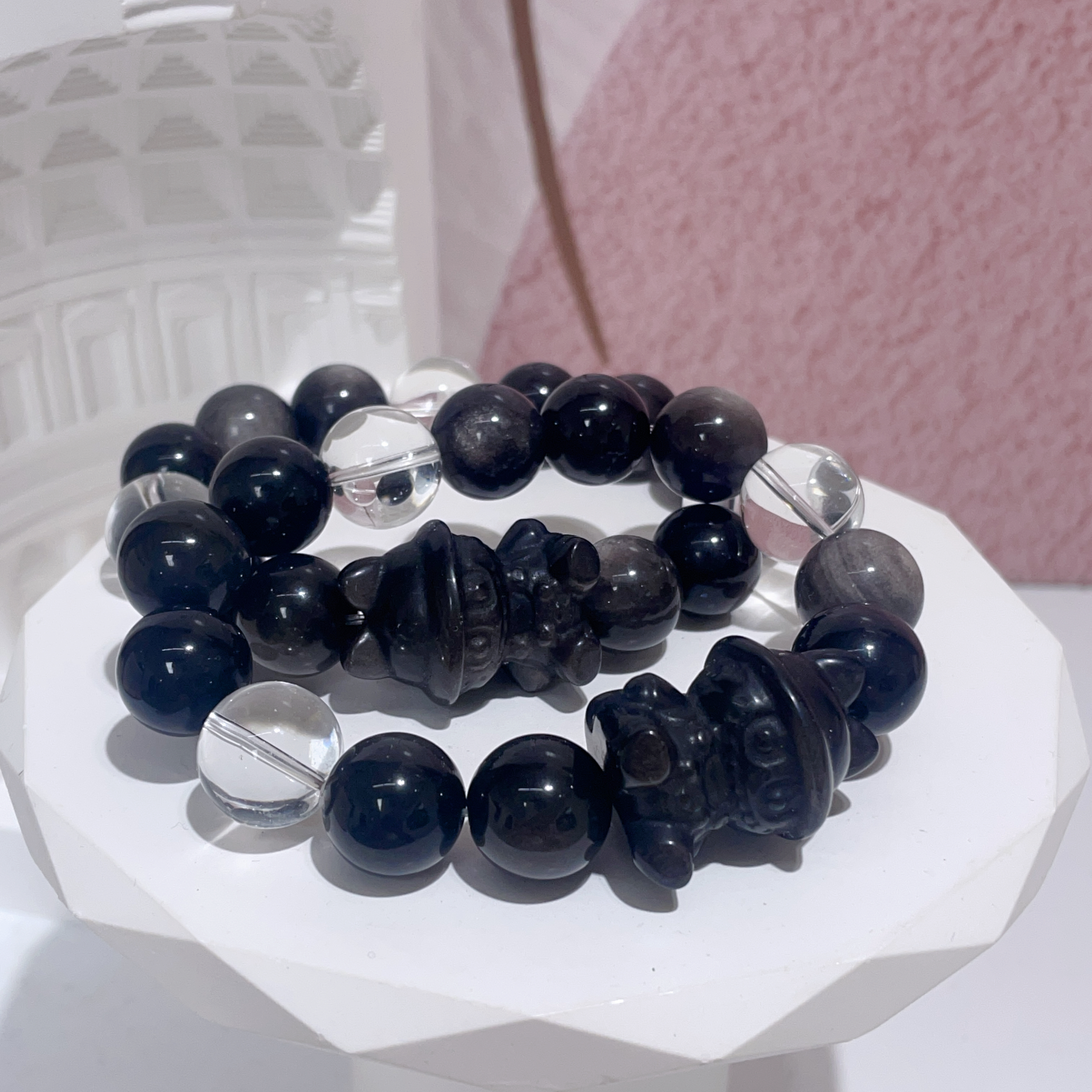 銀曜石公仔雕刻拼白水晶手串 13mm+