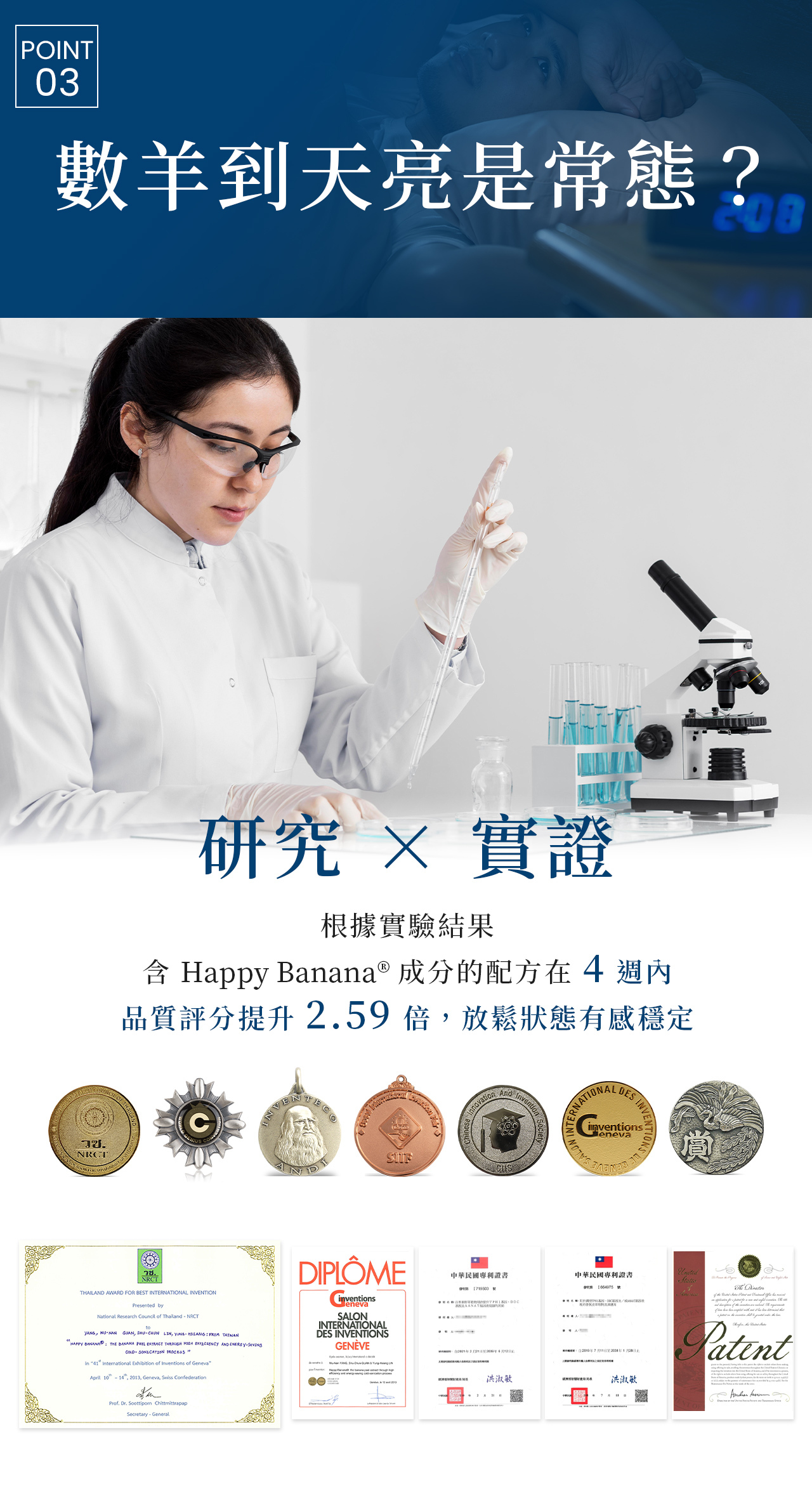 研究實證助眠配方：含 Happy Banana® 成分，4週提升品質評分 2.59 倍。針對翻來覆去、數羊族群提供有感穩定放鬆，多國專利獎項肯定。