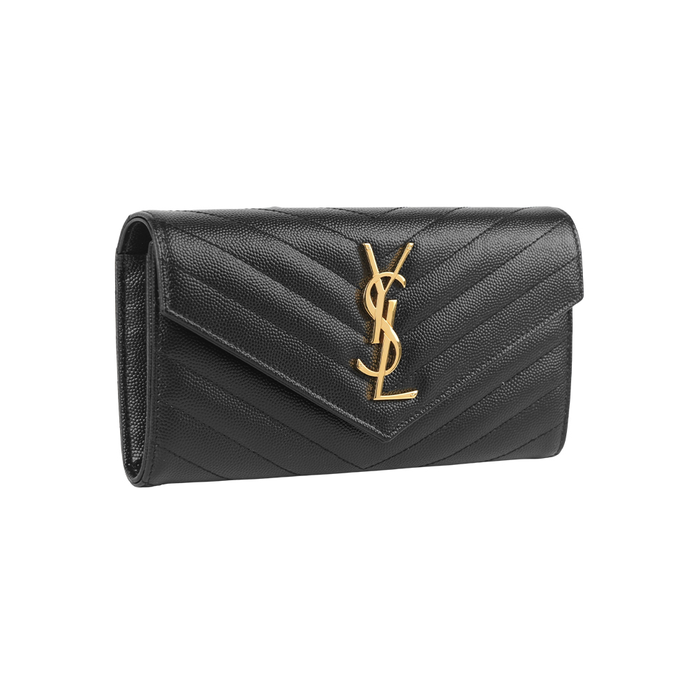 【YSL/Saint Laurent Paris】山形紋荔枝皮金字logo釦式長夾(黑色)