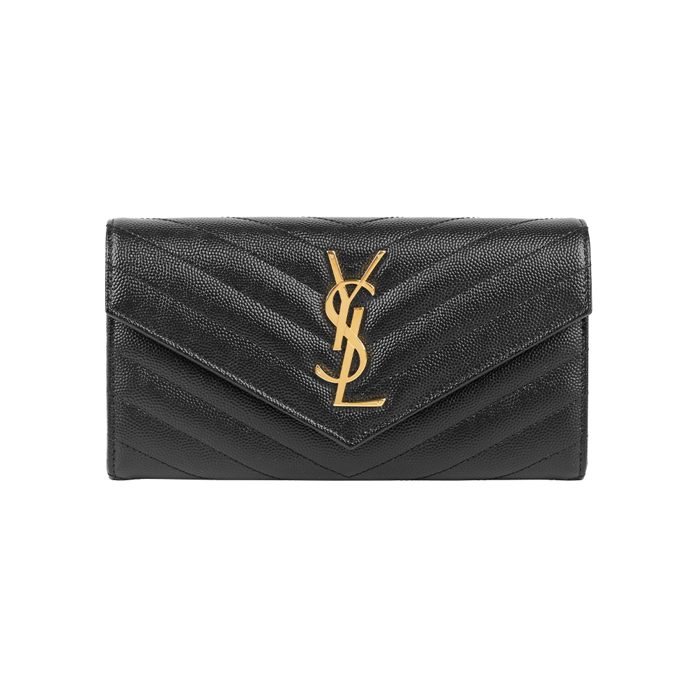 【YSL/Saint Laurent Paris】山形紋荔枝皮金字logo釦式長夾(黑色)