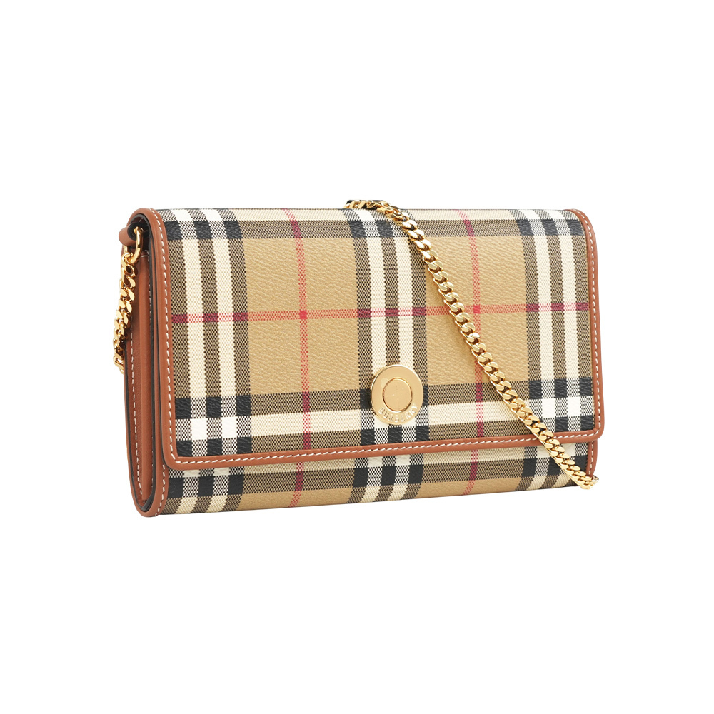 【Burberry】經典格紋皮夾式手拿包/鍊包WOC(米色/石楠木棕)