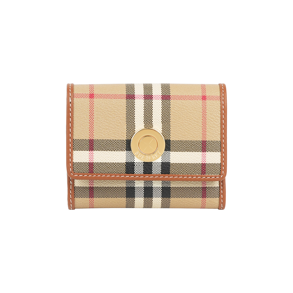 【Burberry】經典格紋及牛皮三折短夾(經典米色)