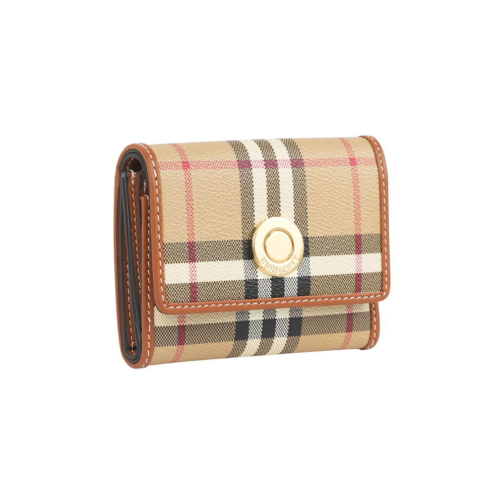 【Burberry】經典格紋及牛皮三折短夾(經典米色)