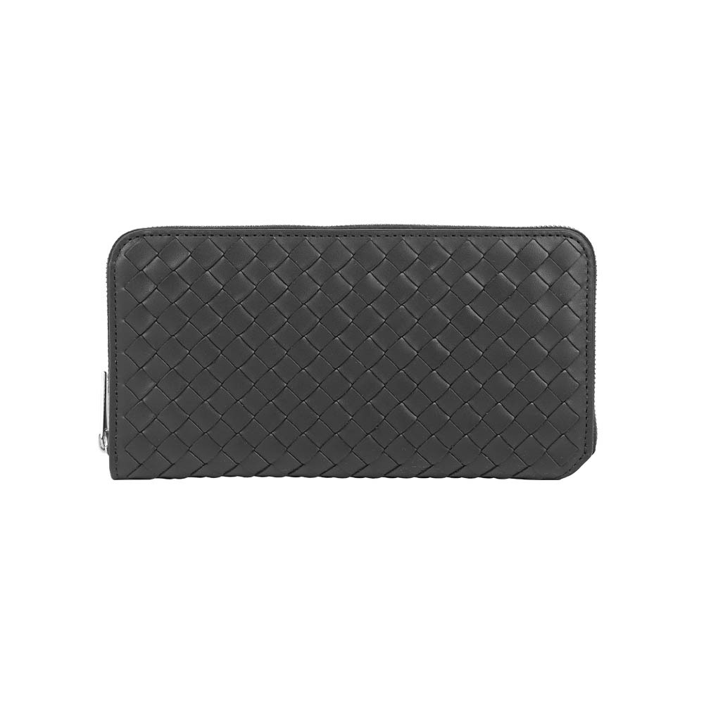 【Bottega Veneta】小牛皮編織內拼色ㄇ形拉鍊長夾(黑色/閃電灰)