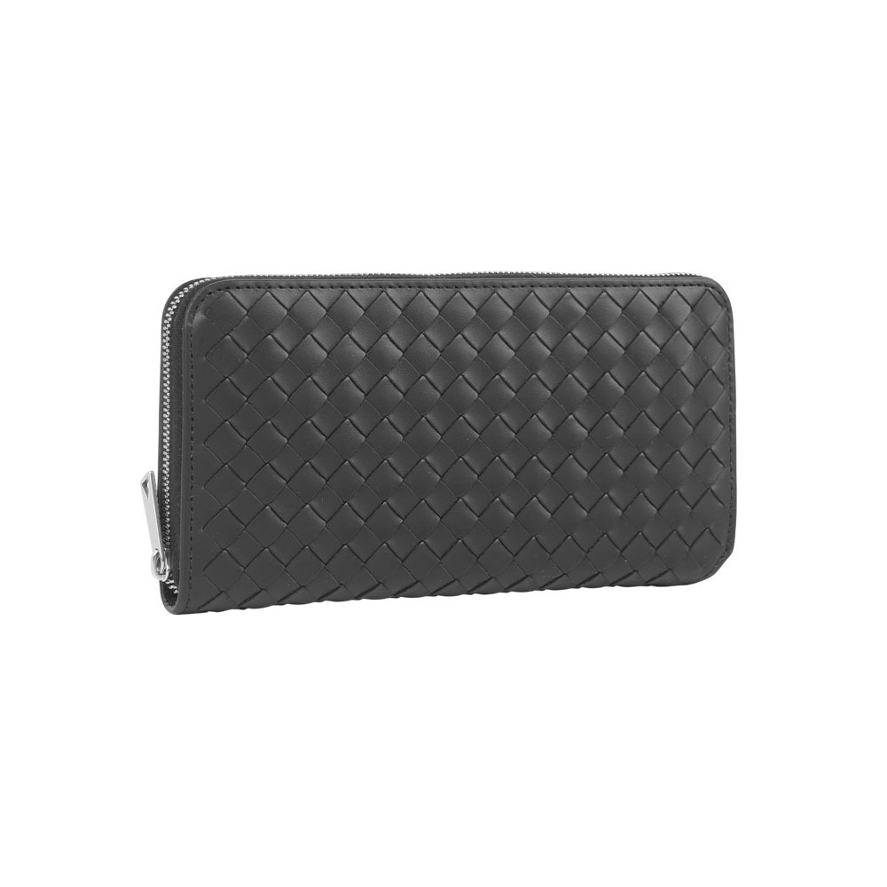 【Bottega Veneta】小牛皮編織內拼色ㄇ形拉鍊長夾(黑色/閃電灰)