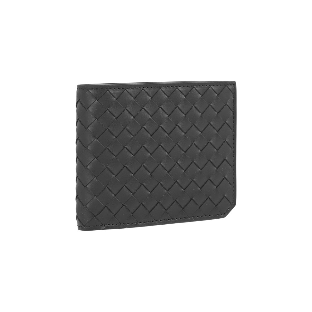 【Bottega Veneta】小牛皮編織內拼色對開8卡短夾(黑色/閃電灰)
