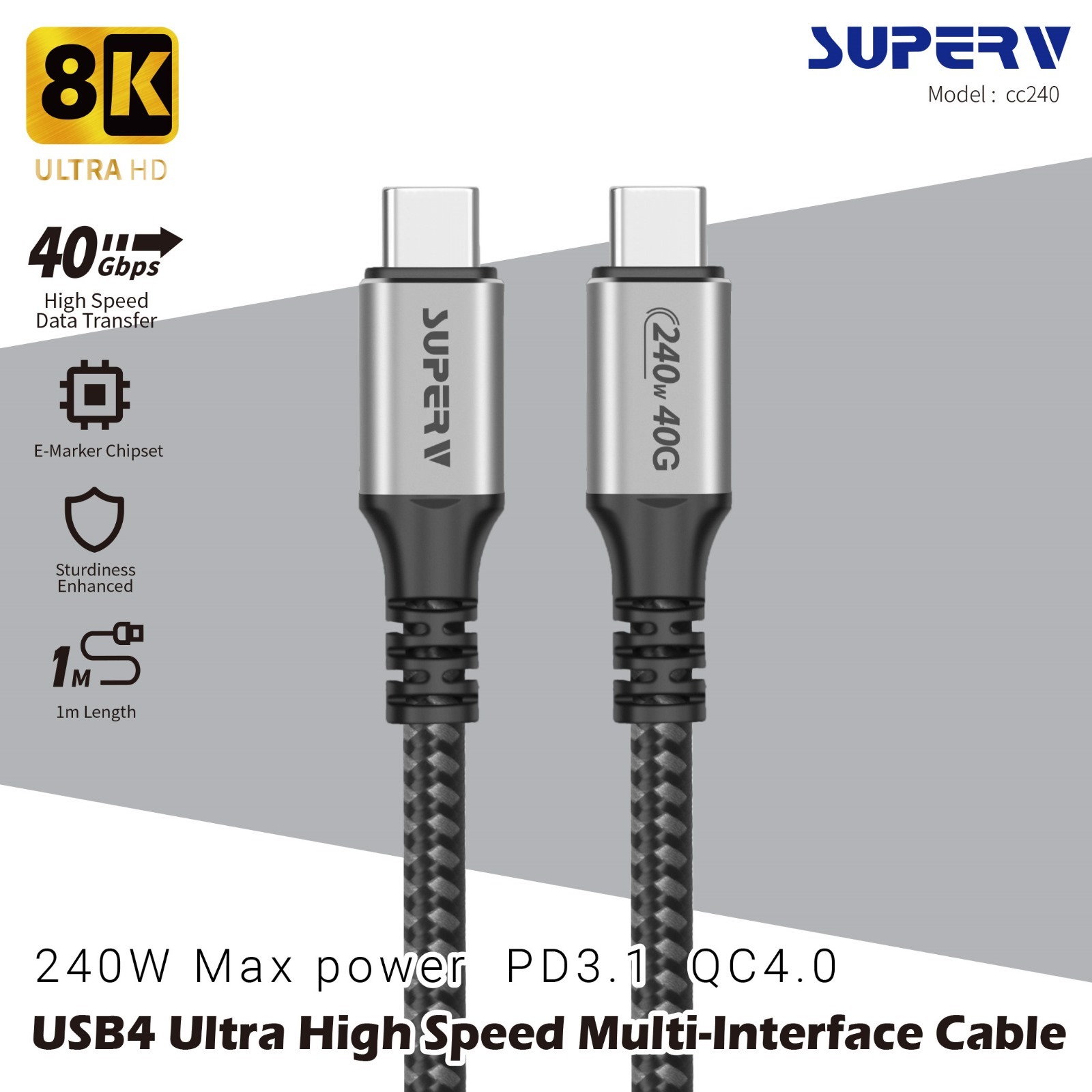 DG019 SuperV CC240 240W 1m 超高速40Gbps 8K PD3.1快充電傳輸線