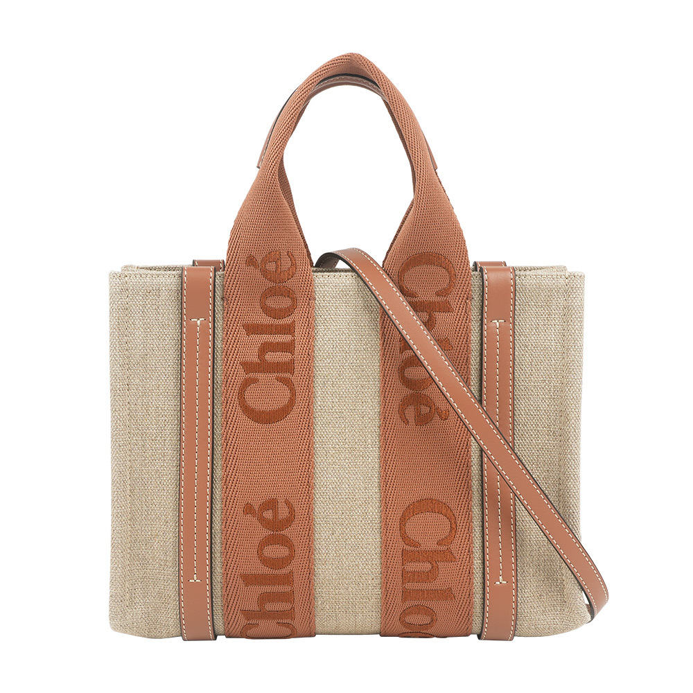 【Chloé】Woody 帆布拼牛皮手提/斜背二用托特包(小)(棕褐色)