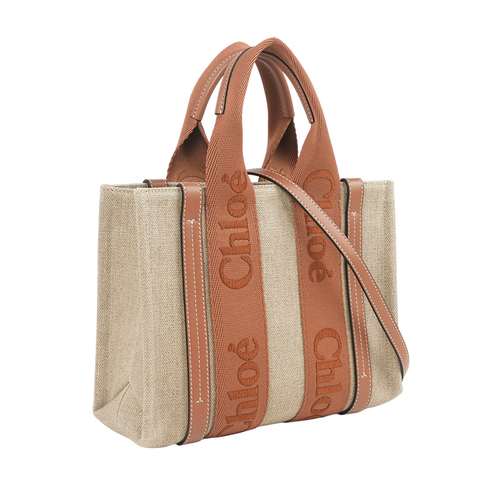 【Chloé】Woody 帆布拼牛皮手提/斜背二用托特包(小)(棕褐色)