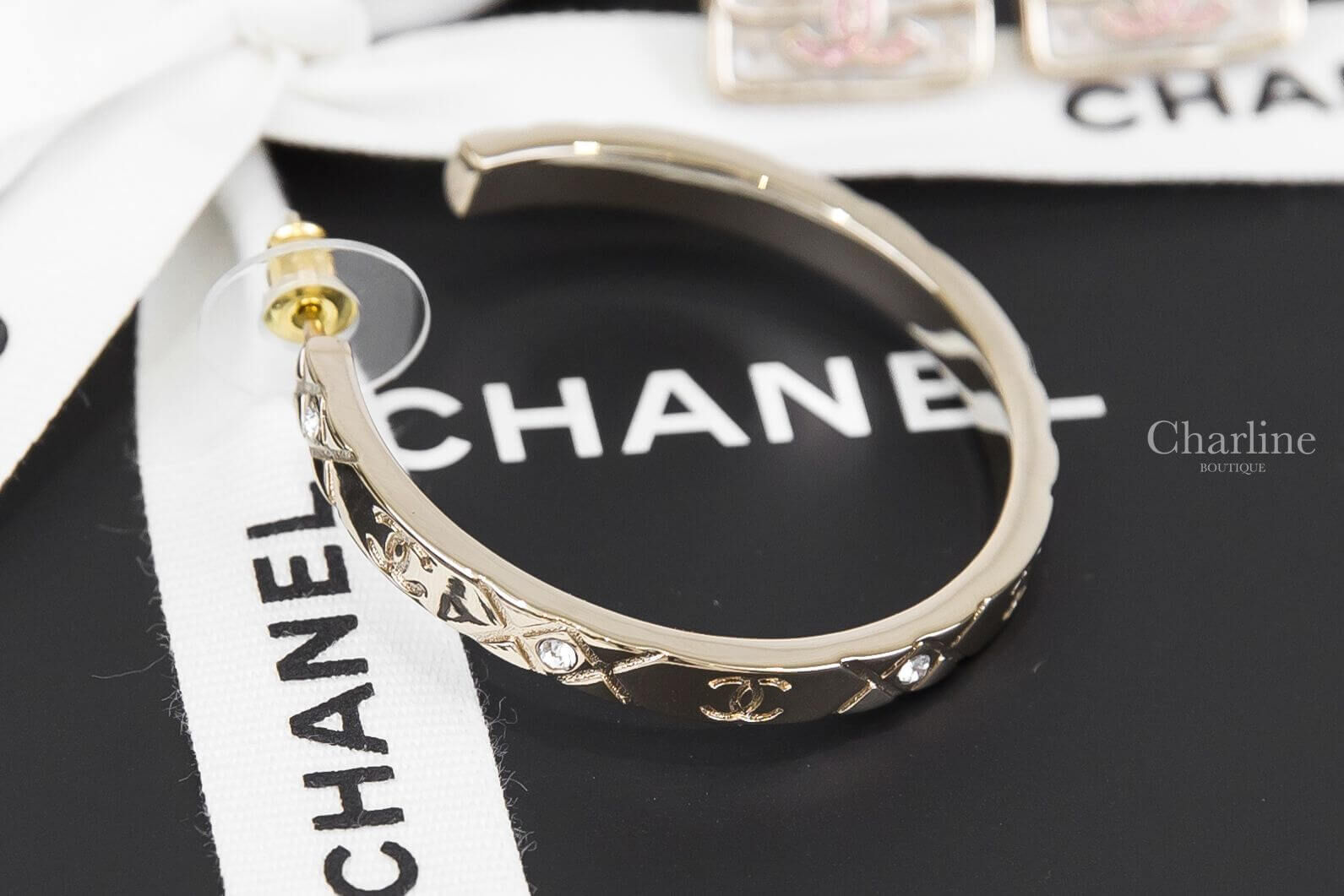 Chanel Hoop Earrings 金色水鑽CC菱格紋圓圈耳環