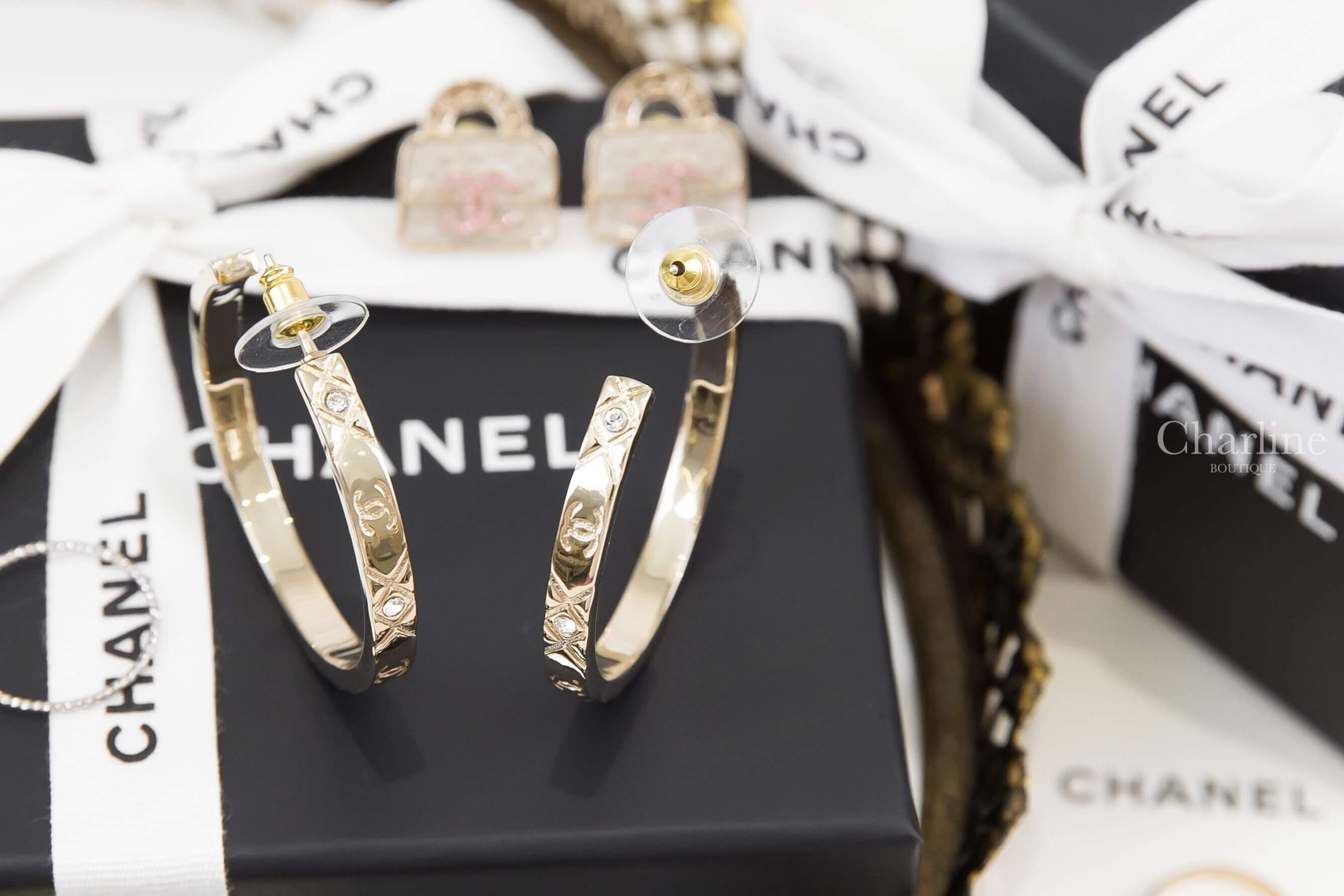 Chanel Hoop Earrings 金色水鑽CC菱格紋圓圈耳環-Charline Boutique 精品代購
