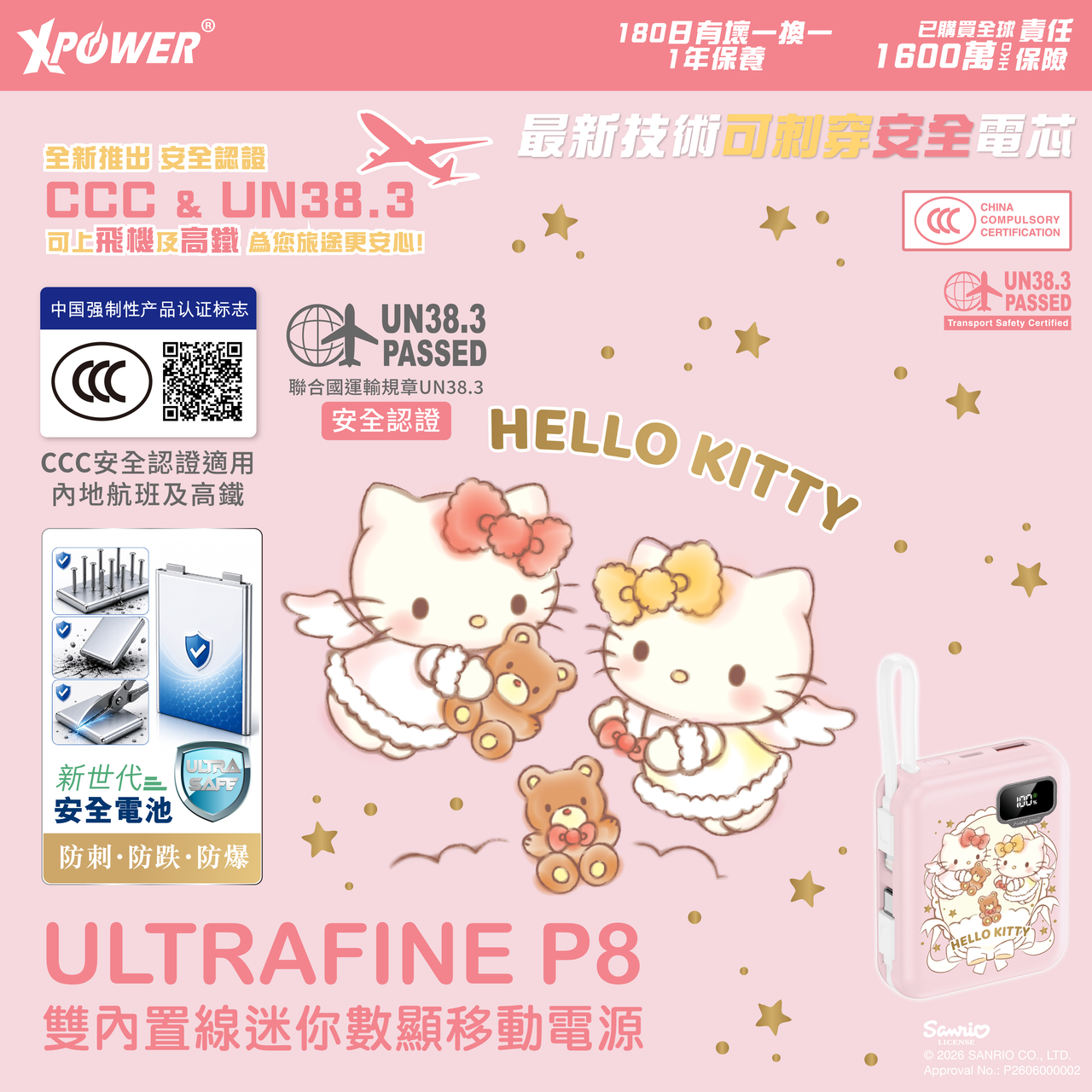 XPower x Sanrio Hello Kitty ULTRAFINE P8 TYPE-C 雙內置線迷你數顯移動電源｜Hello Kitty 限定版