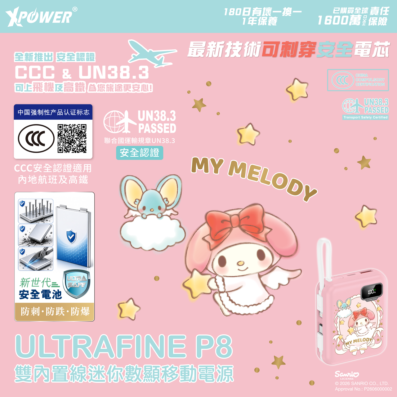 XPower x Sanrio My Melody ULTRAFINE P8 TYPE-C 雙內置線迷你數顯移動電源｜My Melody 限定版