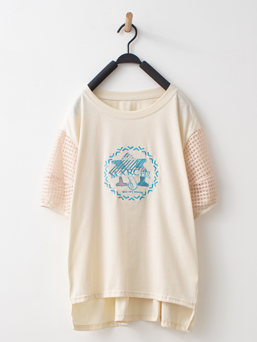 日系刺繡格紋網布拼接花苞袖竹節棉上衣