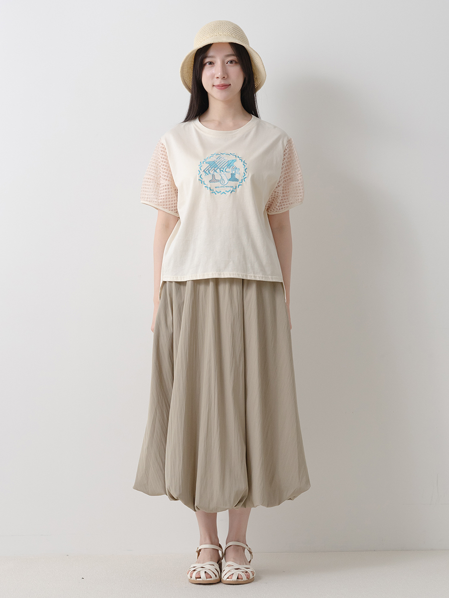 日系刺繡格紋網布拼接花苞袖竹節棉上衣