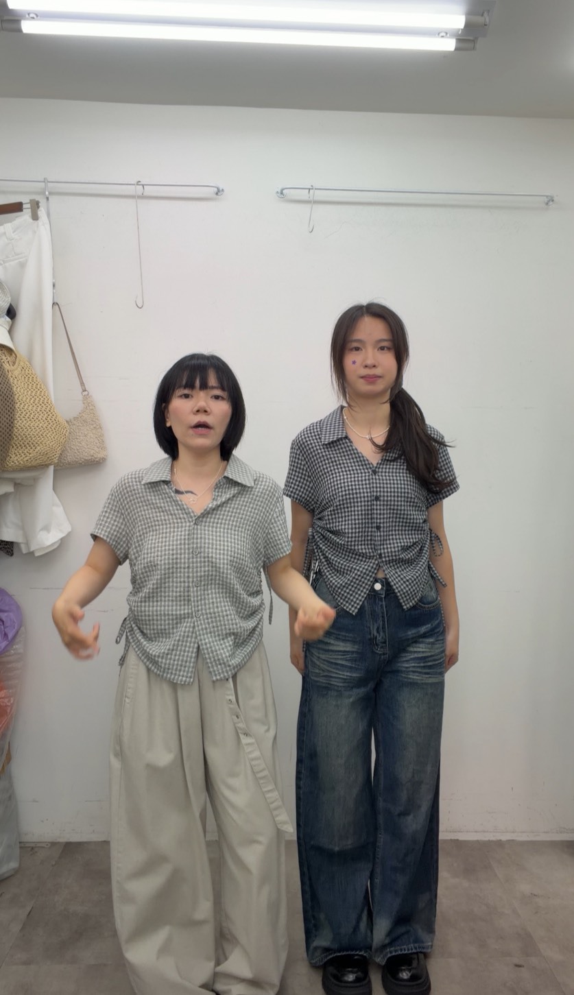 棉麻感格紋抽繩襯衫