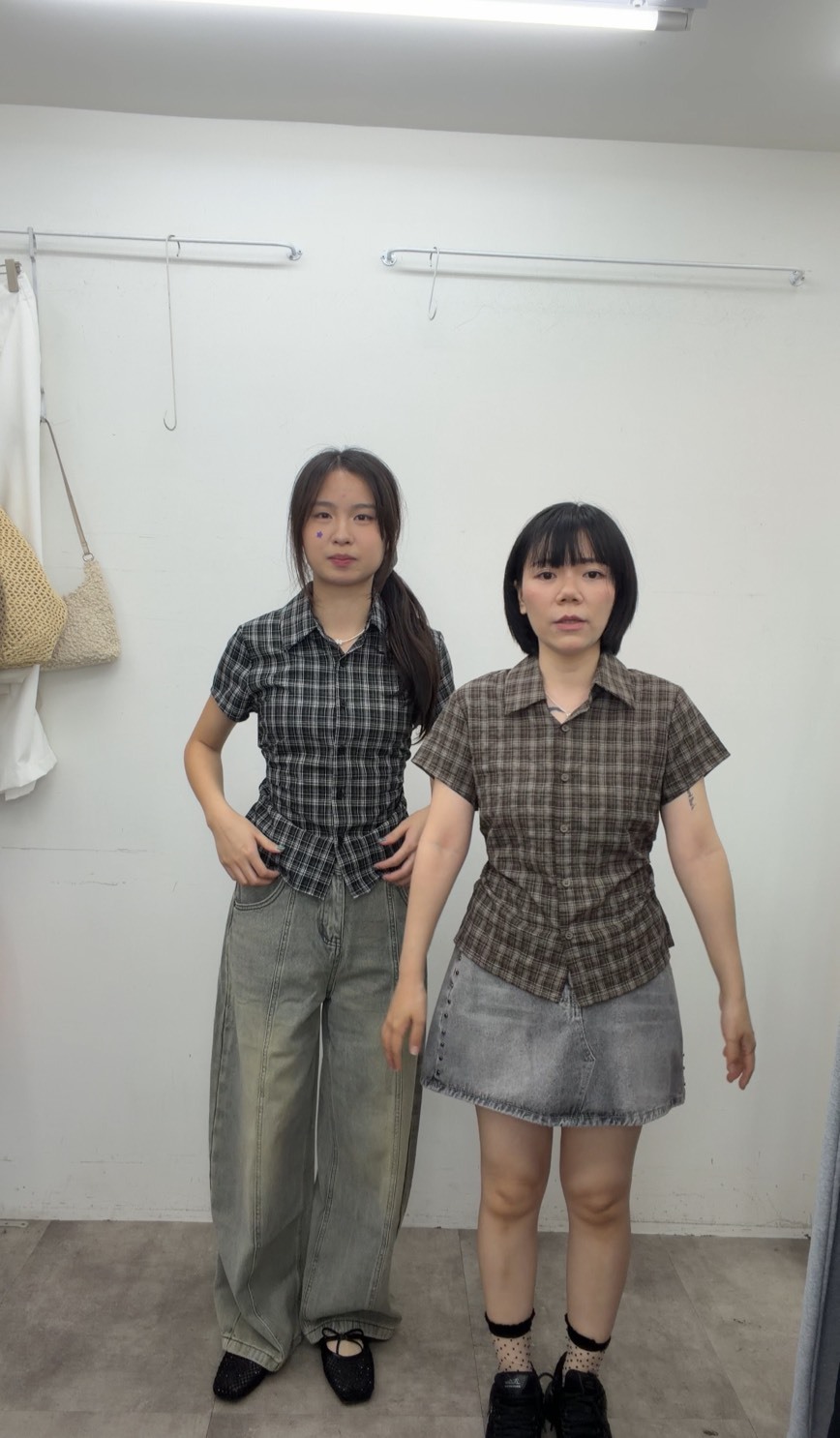 棉麻後綁帶格紋襯衫