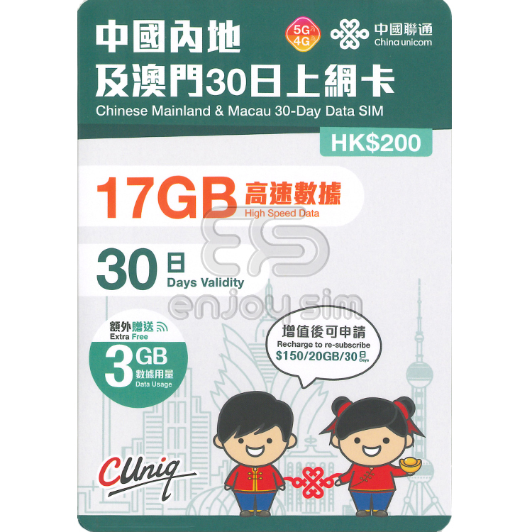 China Unicom - 30days【Mainland and Macau】(20GB) 5G Data SIM Card
