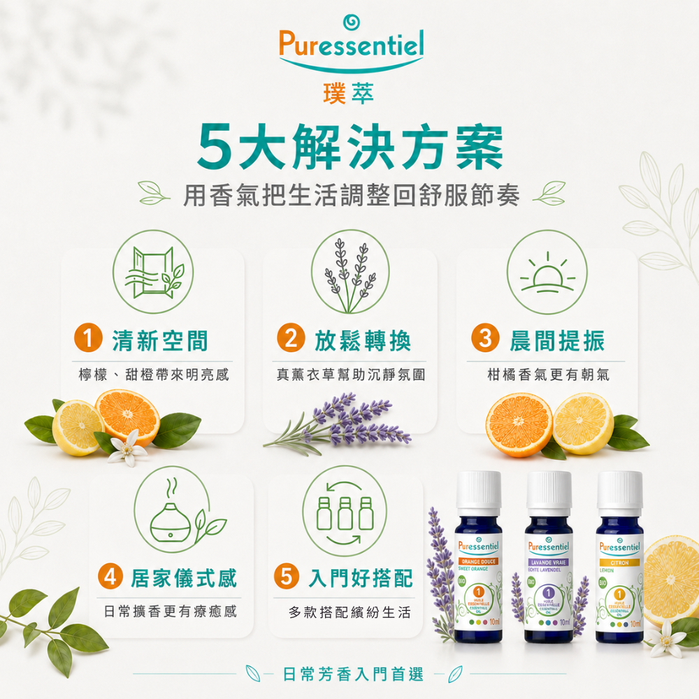 璞萃單方精油五大芳香應用，甜橙與檸檬帶來清新感，真薰衣草營造放鬆氛圍，適合晨間提振與居家擴香。