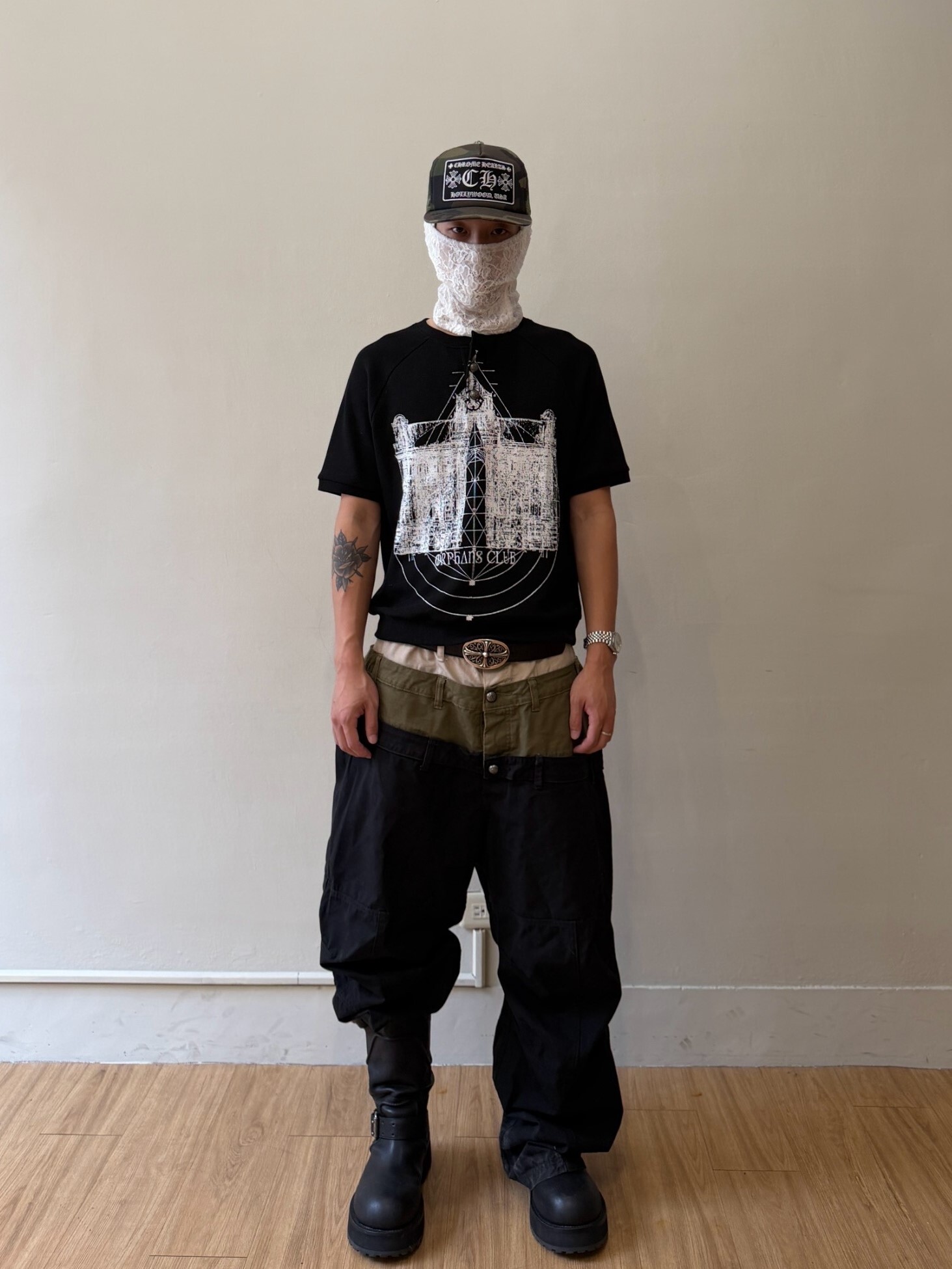 Orphans Club 華夫格 黑色限定款 亨利領卯釘釦 大房子Logo份量感短袖 ‘’ Waffle Knit Snap-Button Henley Tee ‘‘