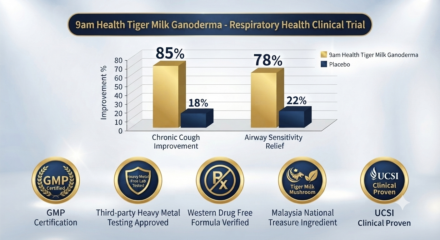 Professional data visualization graph presenting 9am Health Tiger Milk Ganoderma clinical trial results (e.g., 85% reduced cough) alongside key safety certifications including GMP, heavy metal free, and non-drug formula badges.