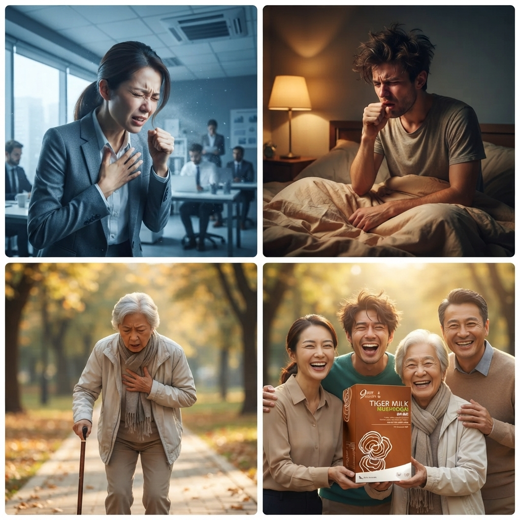 Lifestyle photography grid showing diverse individuals (office worker with rhinitis, insomniac cougher, elderly with weak lungs) suffering from respiratory issues before, and happily breathing freely after using 9am Health Tiger Milk Ganoderma.