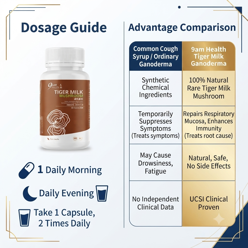 Infographic showing 9am Health Tiger Milk Ganoderma dosage instructions alongside a comparison table versus common synthetic cough medicine, highlighting natural ingredients, root-cause treatment, and clinical proof.