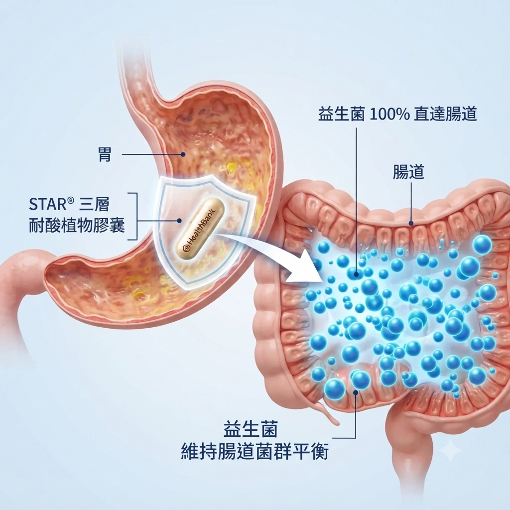 保多康 益體健 STAR® 專利抗胃酸技術，確保益生菌 100% 直達腸道發揮作用