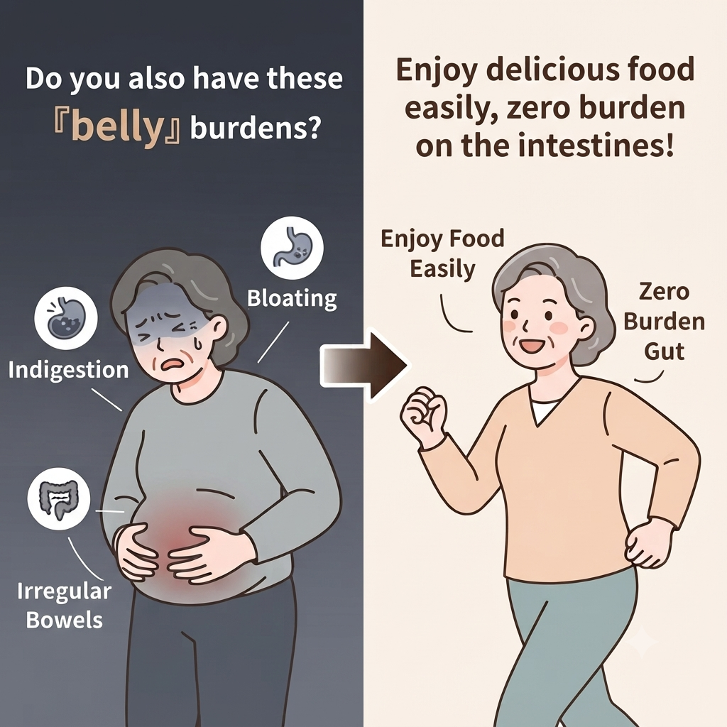 An infographic illustrating common digestive issues. The left side shows a stylized unhappy person with icons for bloating, indigestion, and irregular bowels. The right side shows the same person happy and relieved, signifying relief after using Health Bank Bao Duo Kang probiotics.