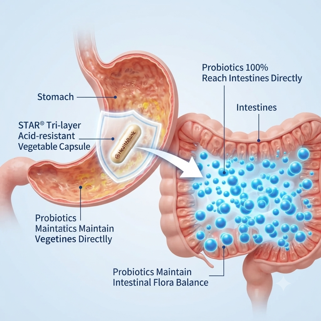 A scientific visualization infographic showing the mechanism of Health Bank Bao Duo Kang capsules. It depicts a capsule passing through the acidic stomach environment, protected by the STAR® acid-resistant technology, and successfully releasing beneficial probiotic spheres to balance the intestinal lining.