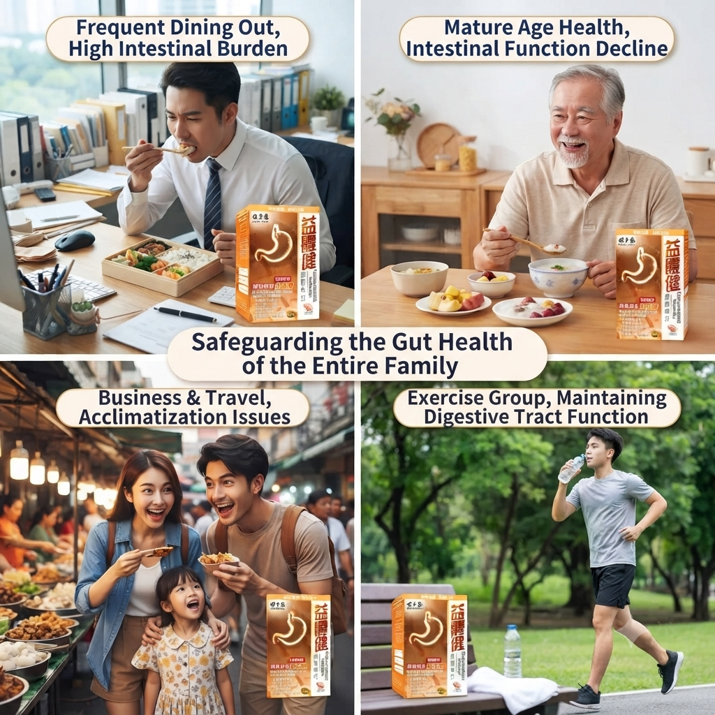 A four-panel infographic demonstrating diverse user scenarios for Health Bank Bao Duo Kang probiotics, including a busy office worker dining out, an elderly person enjoying a meal at home, a family on a trip, and an active individual, all featuring the product box.