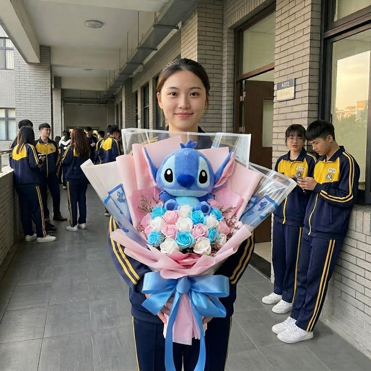 女學生拿史迪奇香皂花束在學校