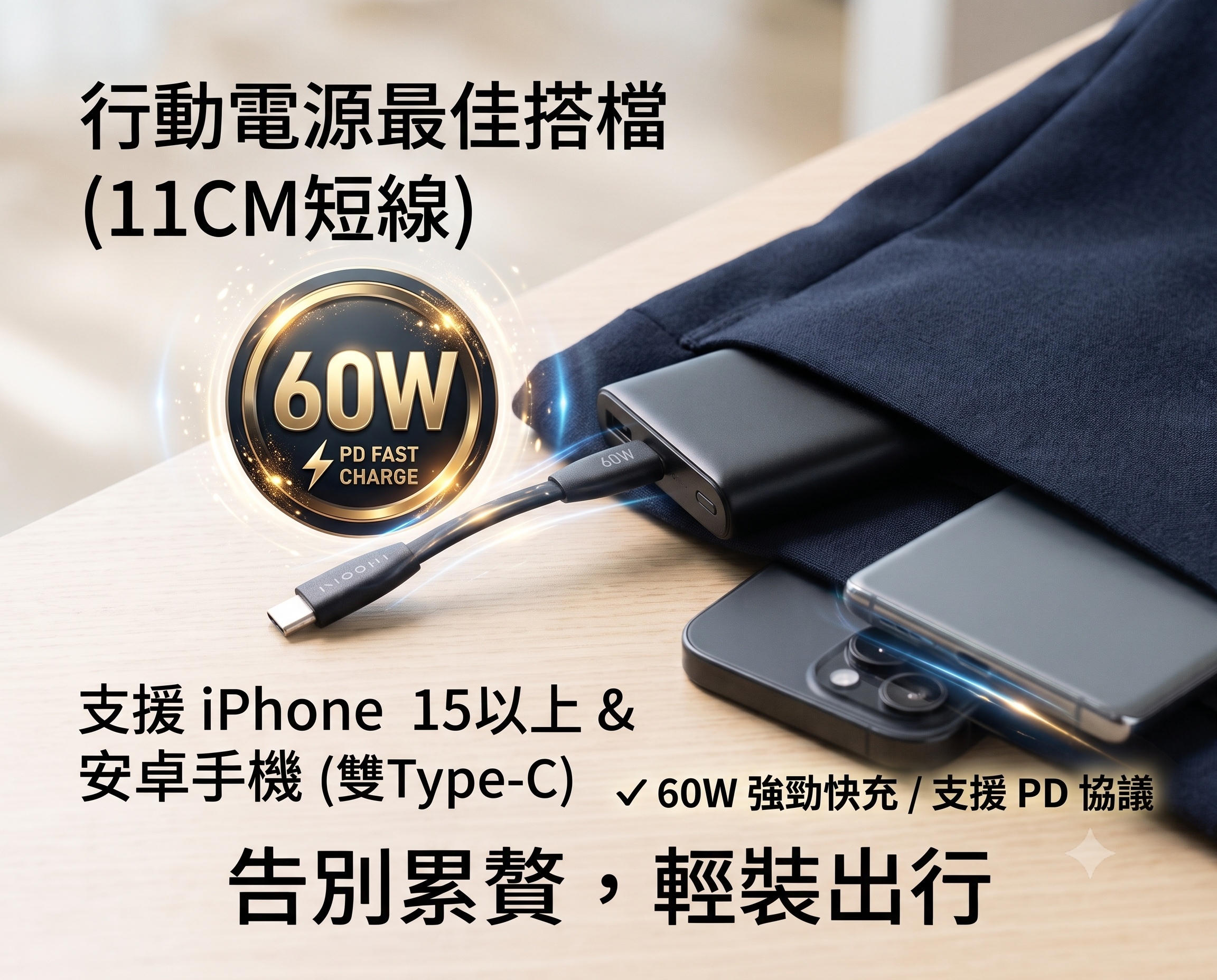 台灣現貨 60W Type-C to Type-C PD快充短線 11cm 扁線 充電線 快充線 附防塵蓋