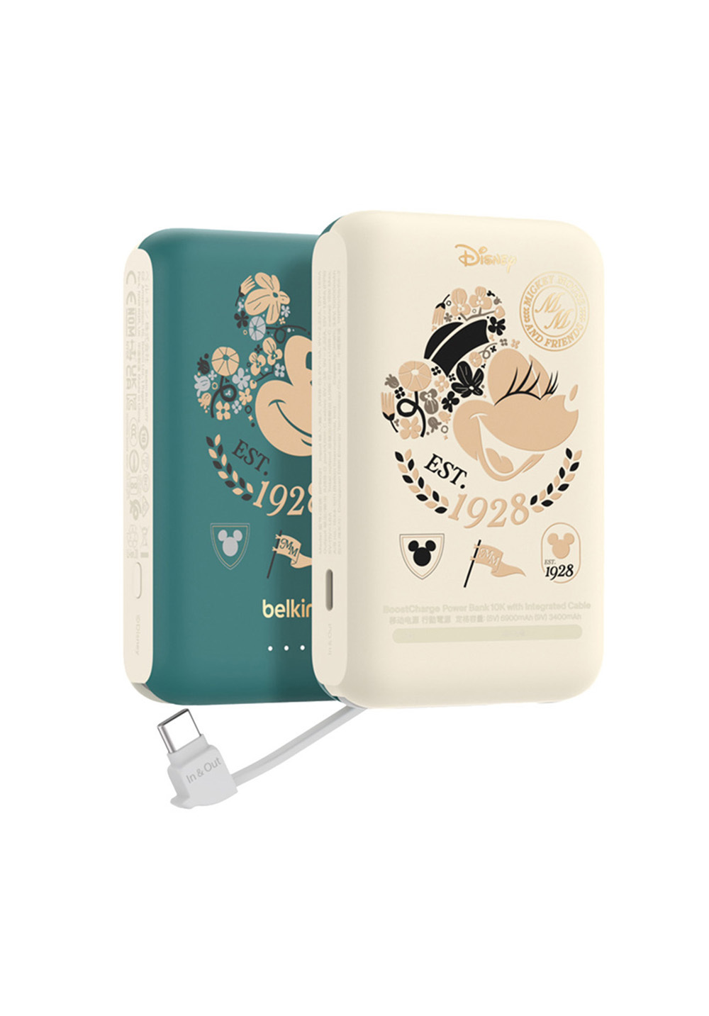 Belkin｜繁花米奇-自帶USB-C線快充行動電源（10,000mAh）