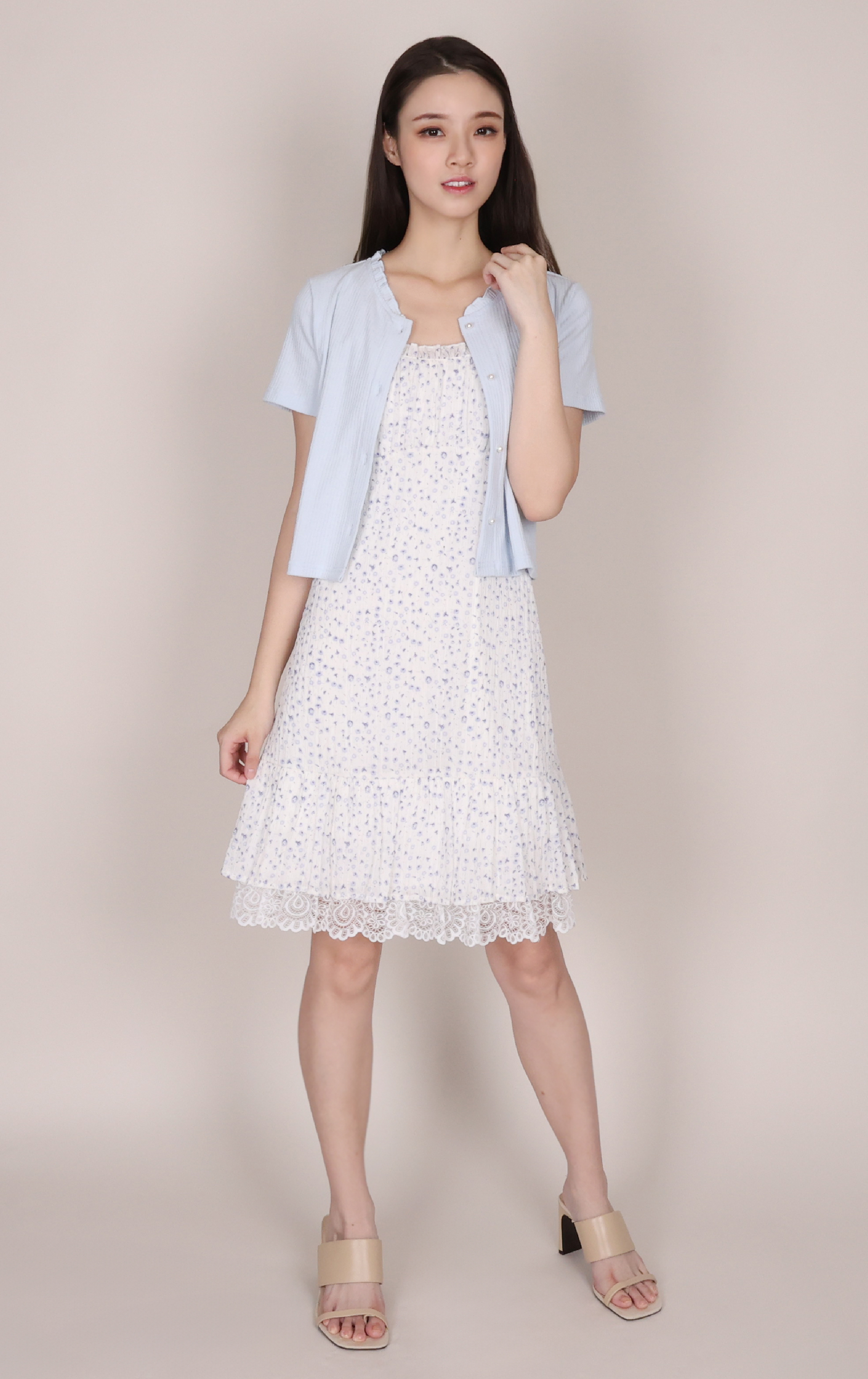 Lettuce Trim Button-Up Knit Top & Floral Lace Slip Dress Set TS0073