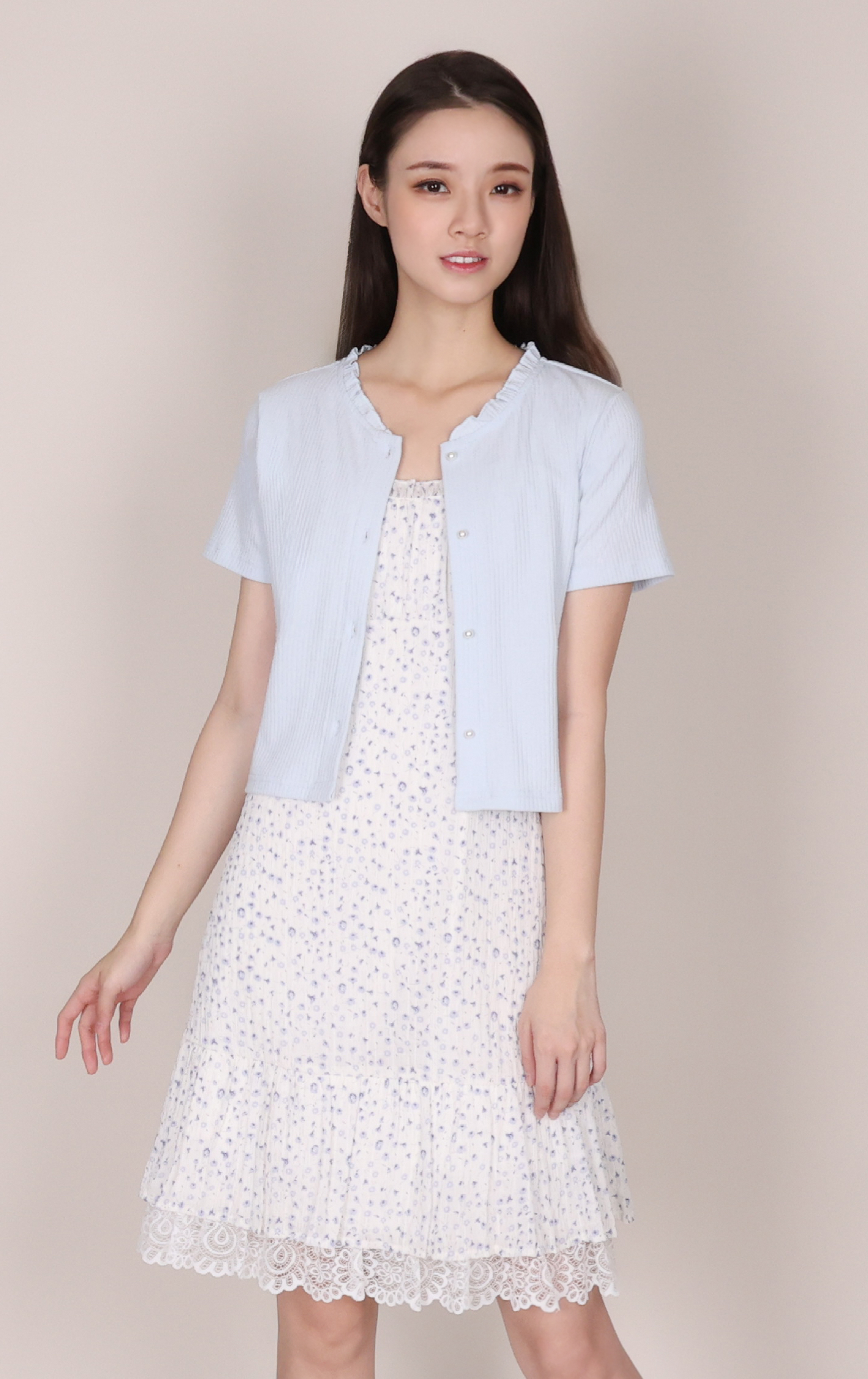 Lettuce Trim Button-Up Knit Top & Floral Lace Slip Dress Set TS0073