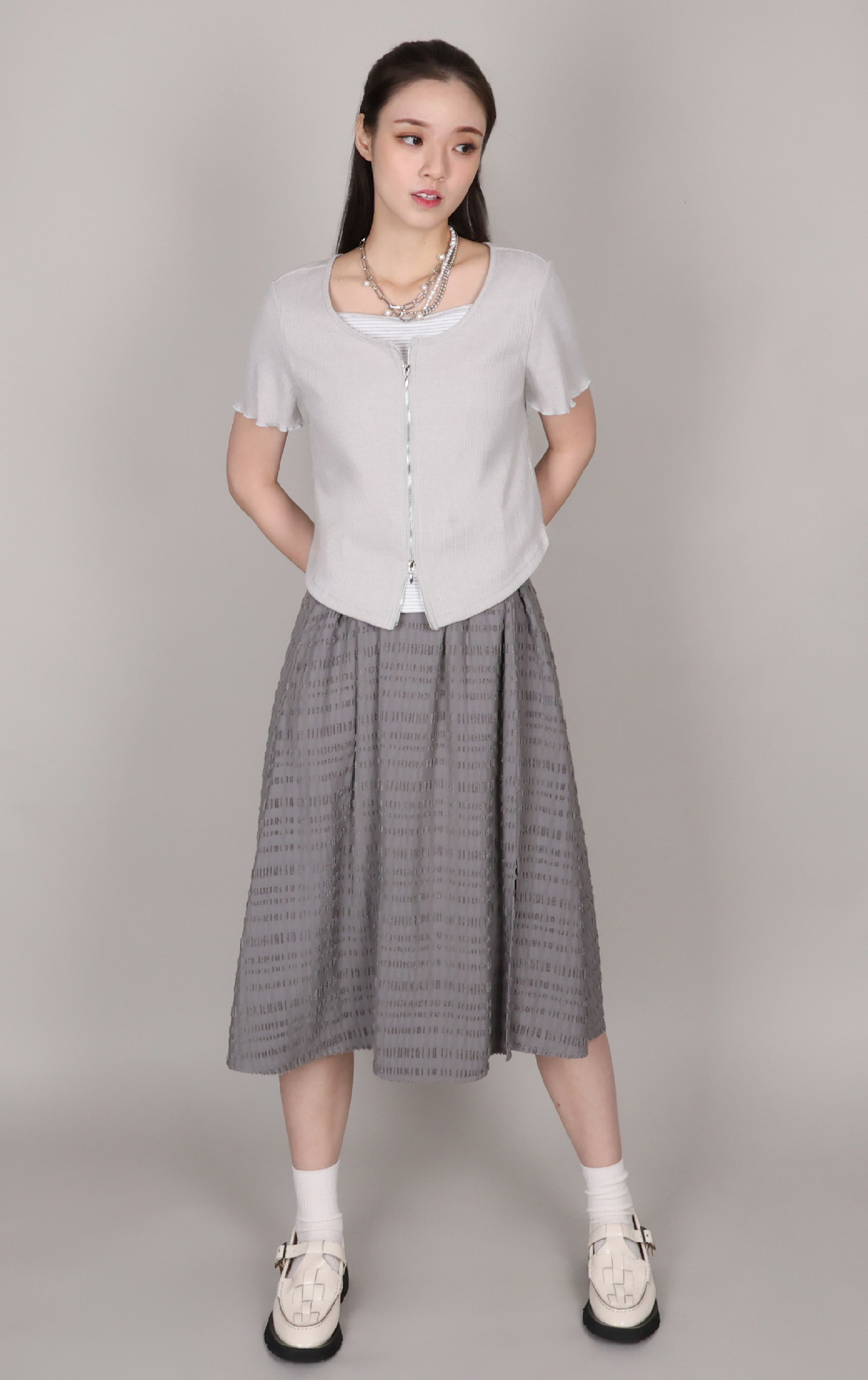 Two-Way Zipper Layered-Look Ribbed Top ST0454