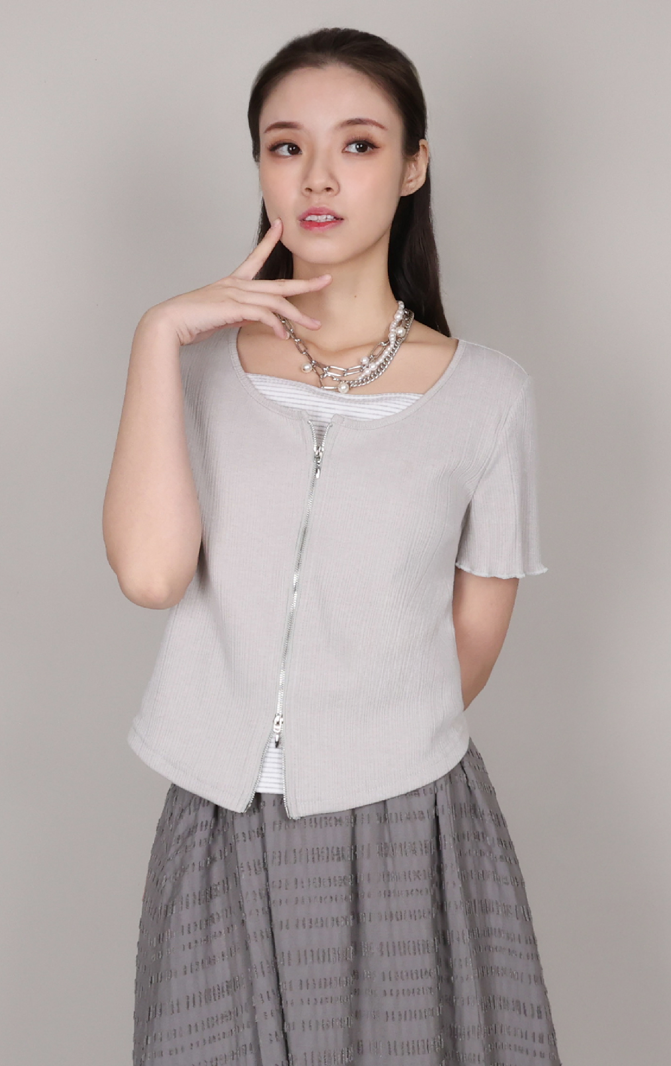 Two-Way Zipper Layered-Look Ribbed Top ST0454
