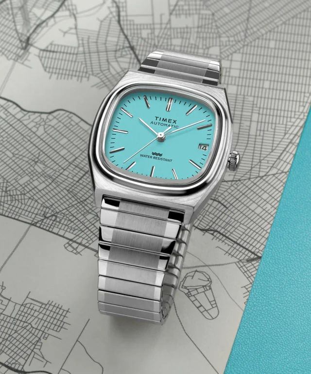 萬年鐘錶 - TIMEX 天美時   E-Line 復古方形伸縮錶帶機械錶 TW2Y07300 錶徑34MM