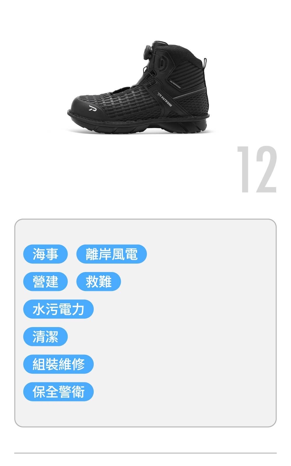 PATRONI SF2501 突破者安全鞋推薦海事、離岸風電、營建業、水汙電力、保全警衛等行業使用