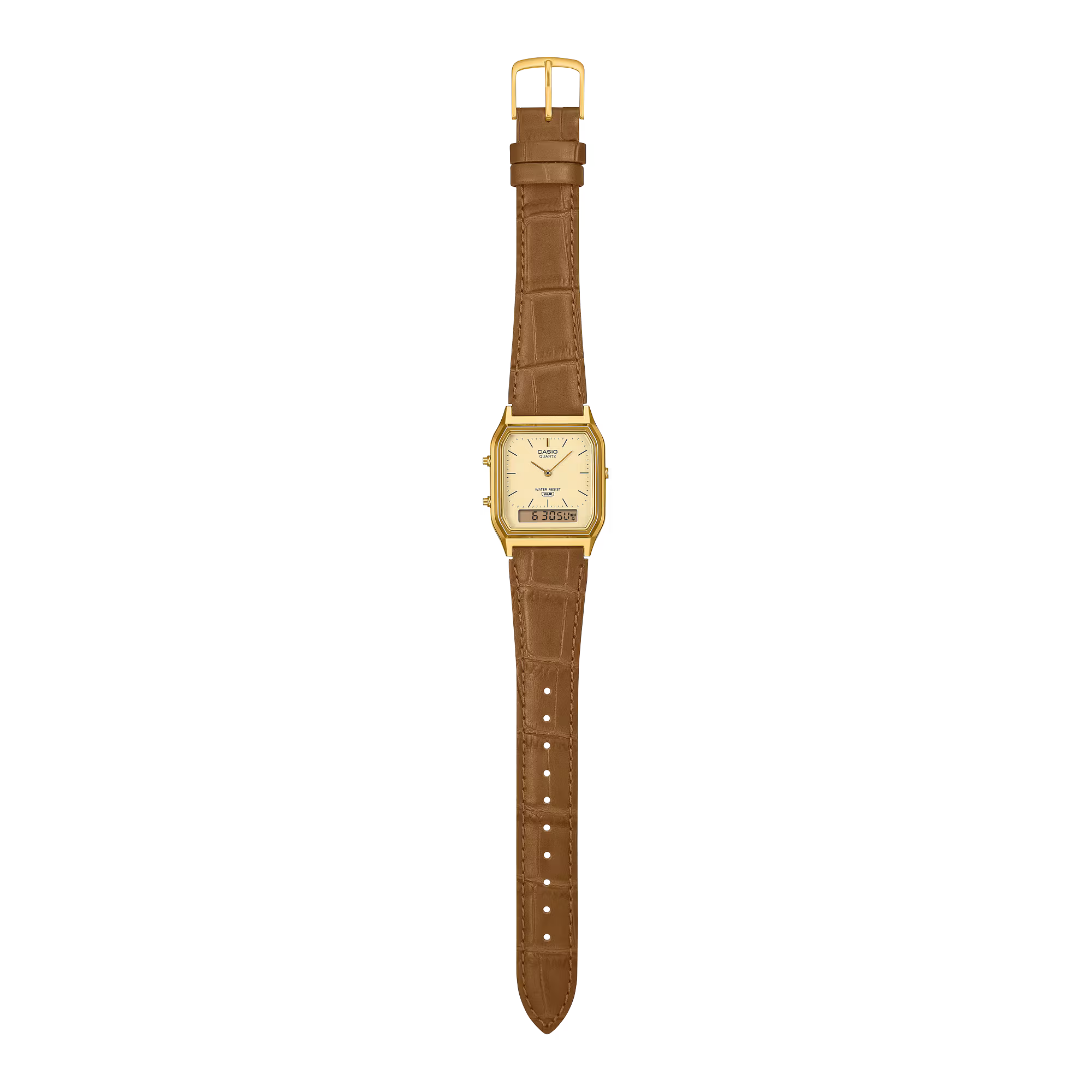 萬年鐘錶 - 卡西歐  CASIO 復古方形兩地時間指針電子錶 AQ-230EGL-9 錶徑 29.8MM