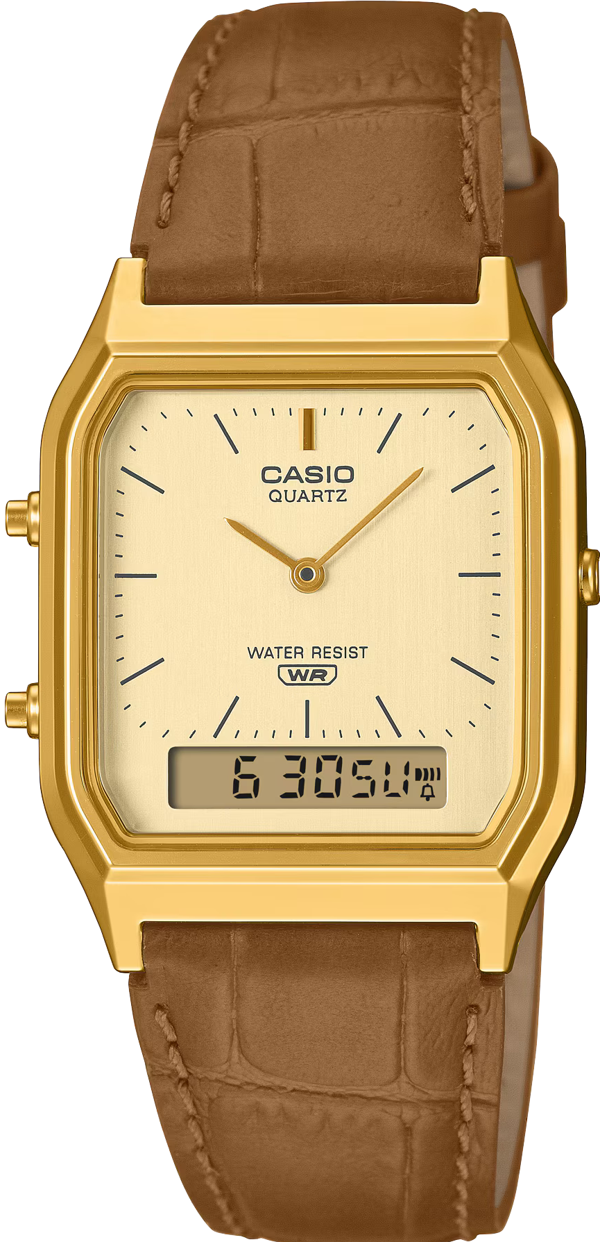 萬年鐘錶 - 卡西歐  CASIO 復古方形兩地時間指針電子錶 AQ-230EGL-9 錶徑 29.8MM