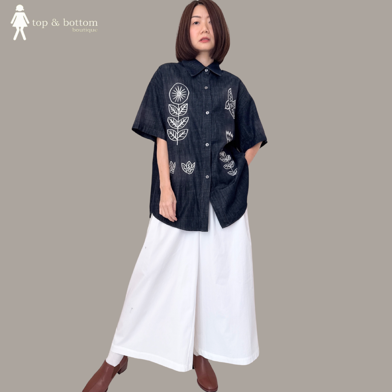 SHORT SLEEVE DENIM EMBROIDERY DETAILED LONG SHIRT