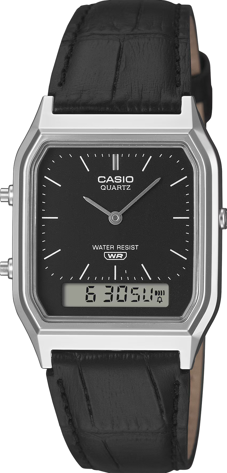 萬年鐘錶 - 卡西歐  CASIO 復古方形兩地時間指針電子錶 AQ-230EL-1  錶徑 29.8MM