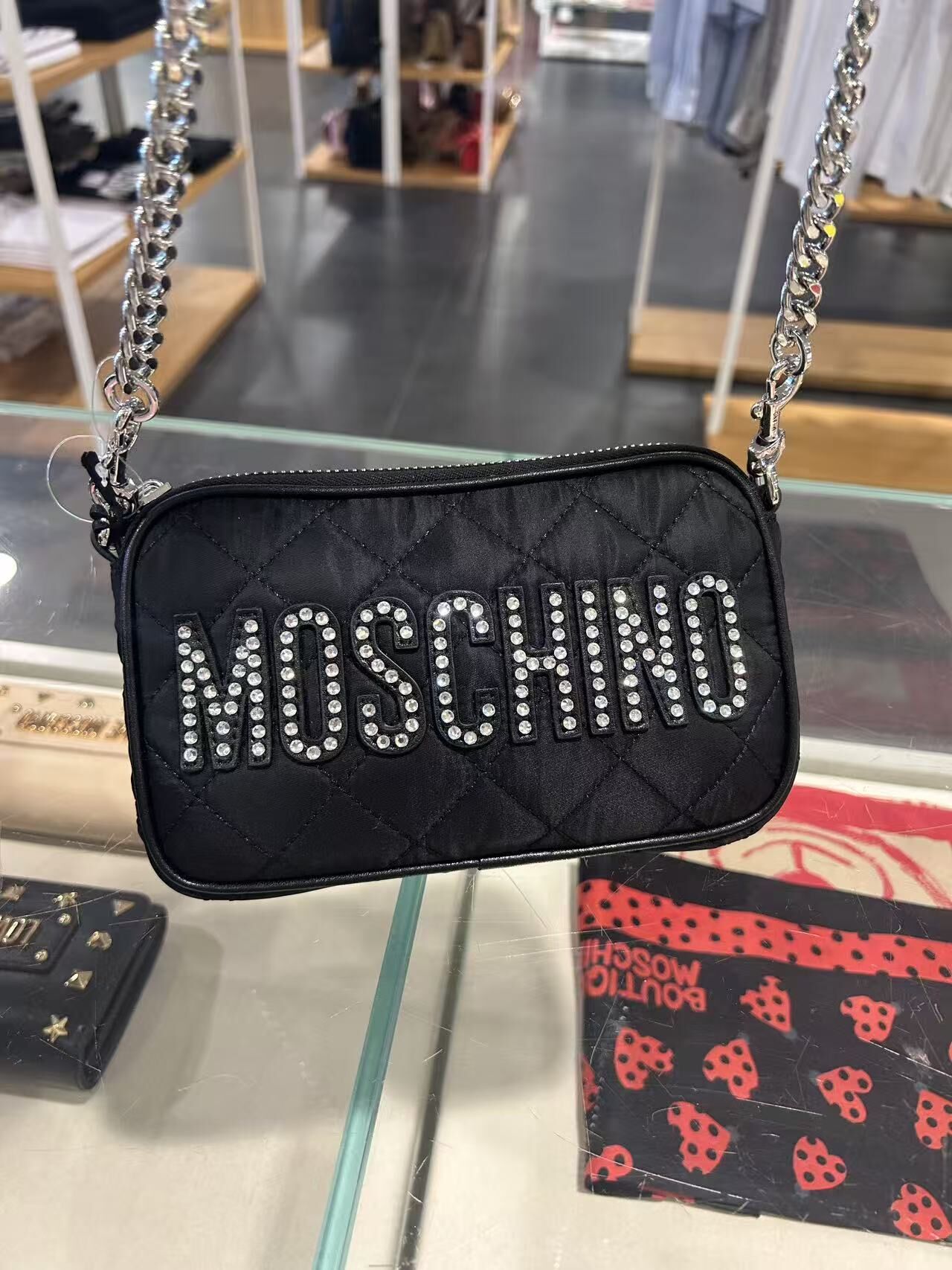 LYS02247 Moschino 水鑽logo菱格可拆鍊帶手拿/斜孭袋