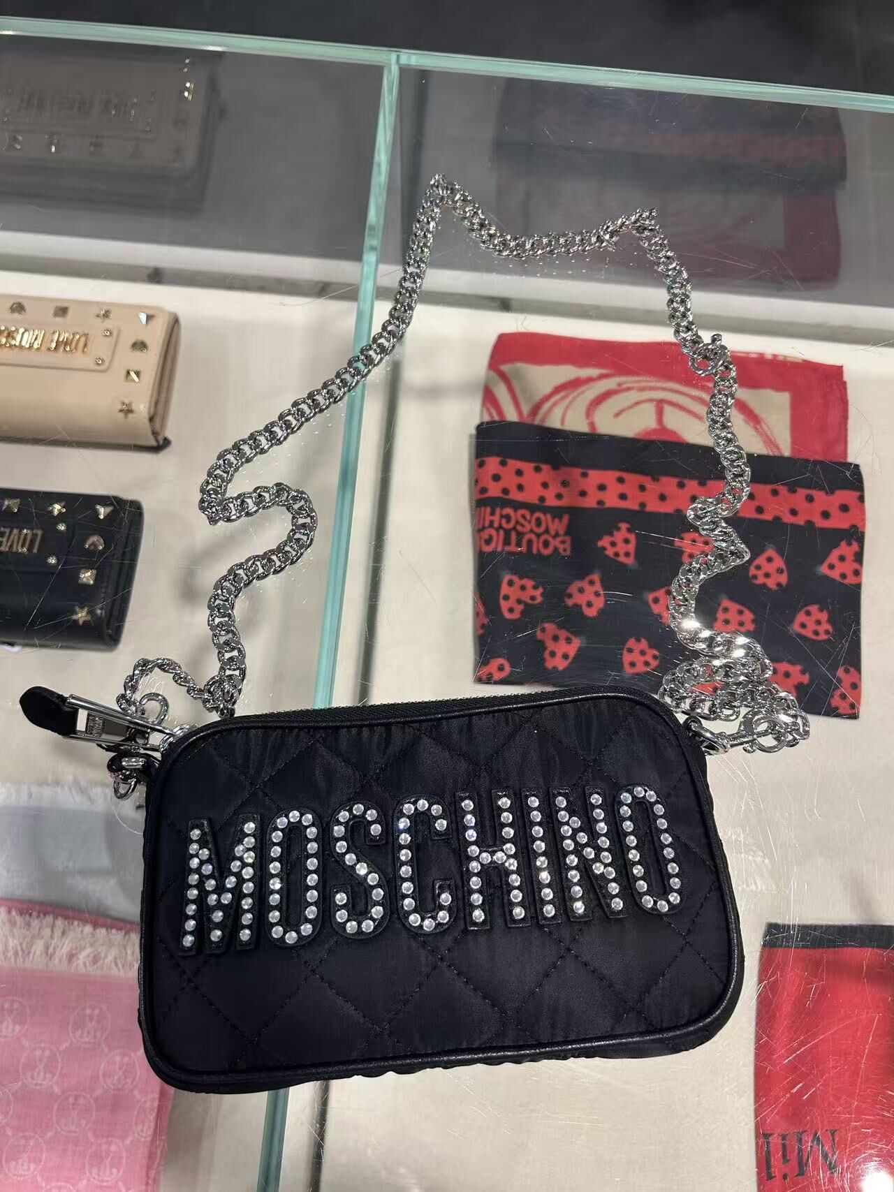 LYS02247 Moschino 水鑽logo菱格可拆鍊帶手拿/斜孭袋