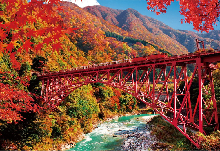 黑部峽谷的秋葉與電車列車