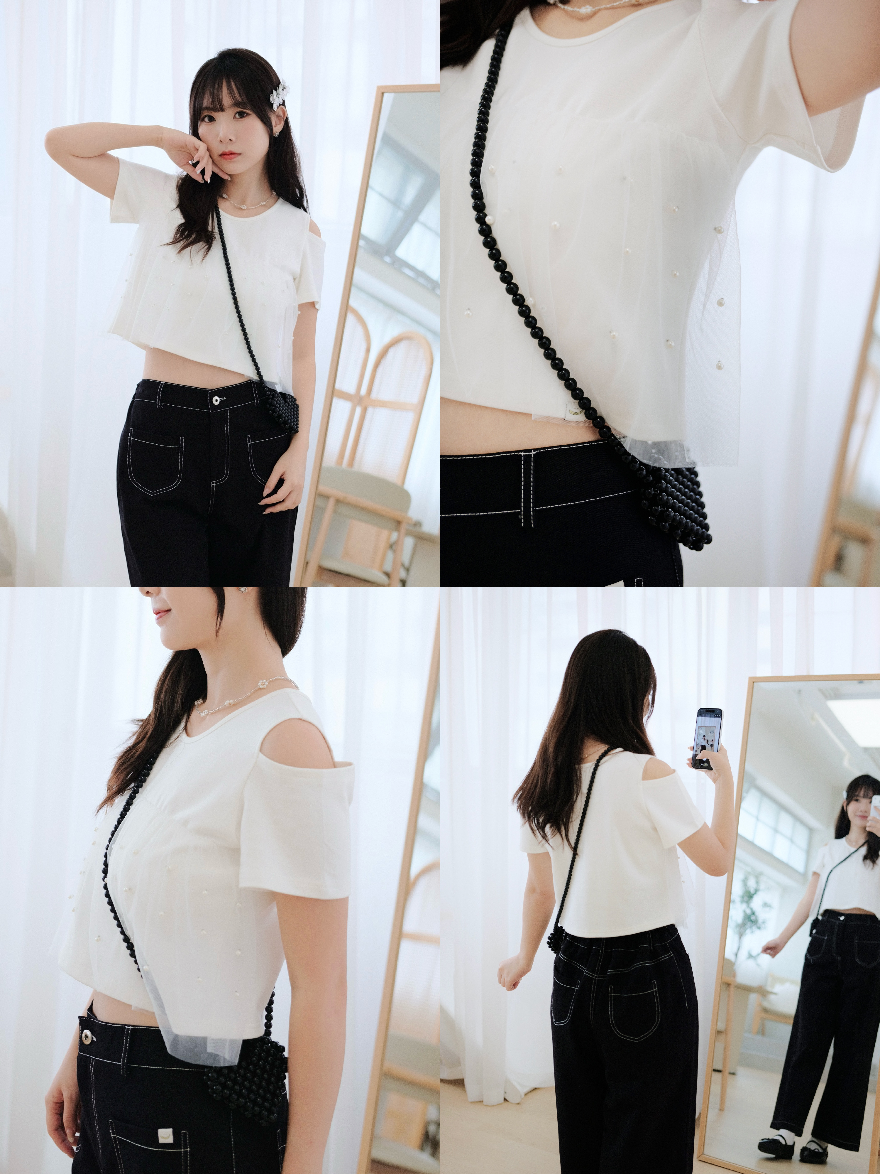 白色 / 珍珠網紗露肩短袖上衣 / Cold-Shoulder Pearl Tulle Overlay Top