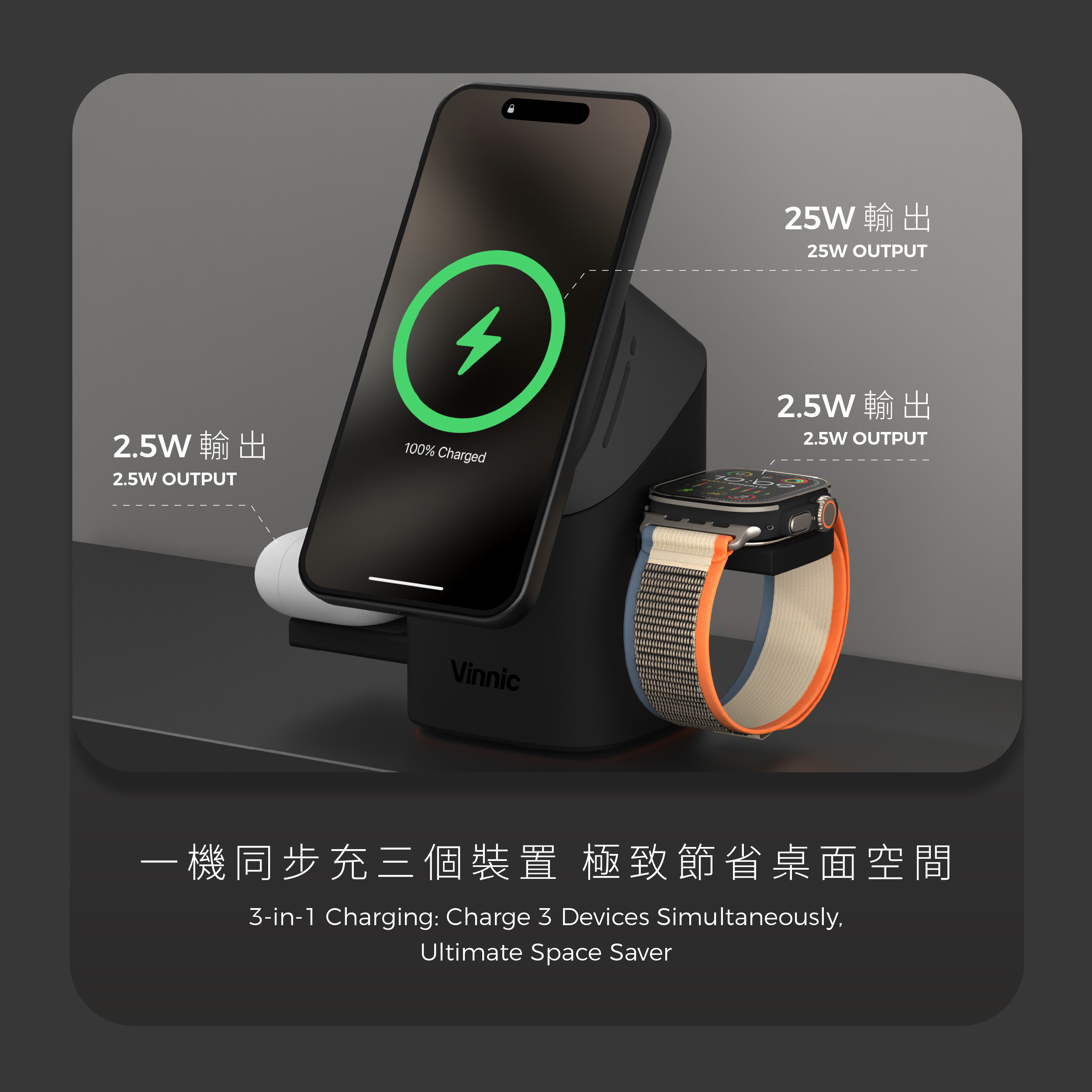 Vinnic Owl Peak3 3-in-1 Magnetic Wireless Charging Dock VPPD-31WSCG8-BK