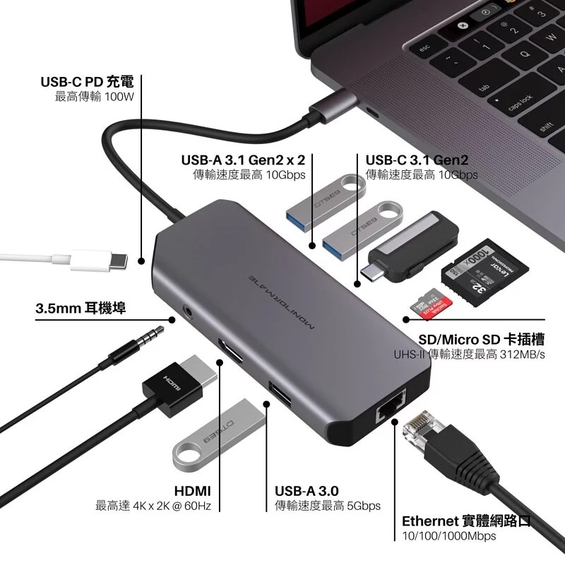 CX1 USB-C Gen2 十合一轉接器 - 太空灰